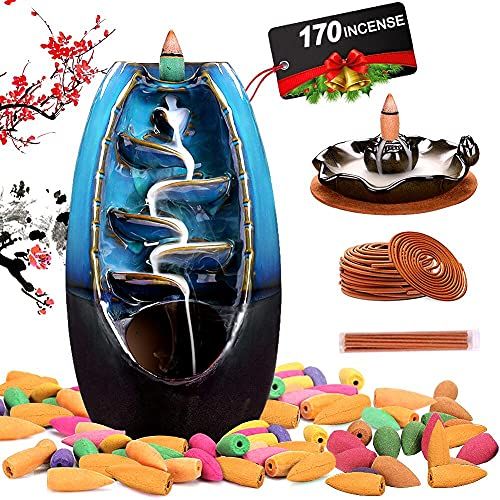  인센스스틱 Sweet Alice Ceramic Backflow Incense Burner, Waterfall Incense Holder,Total 170 Cones,Include 120 Backflow Cones +30 Incense Stick+20 Incense Coils for Home Office Aromatherapy Dec