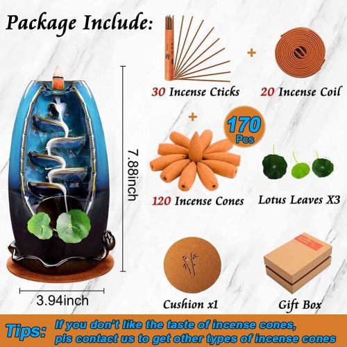  인센스스틱 Sweet Alice Ceramic Backflow Incense Burner, Waterfall Incense Holder,Total 170 Cones,Include 120 Backflow Cones +30 Incense Stick+20 Incense Coils for Home Office Aromatherapy Dec