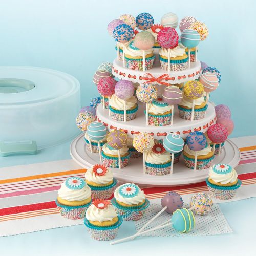  Sweet Creations 3 Tier, Collapsible Cupcake and Cakepop Display Carrier with Handel, White: Kitchen & Dining