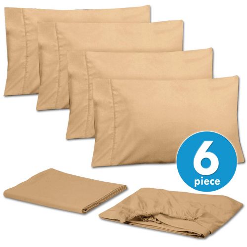  Sweet Home Collection 6 Piece 1500 Thread Count Brushed Microfiber Deep Pocket Sheet Set - 2 Extra Pillow Cases, Great Value,Queen,Camel