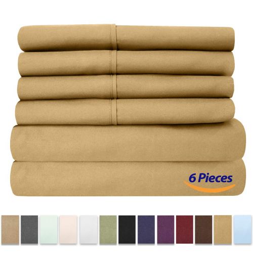  Sweet Home Collection 6 Piece 1500 Thread Count Brushed Microfiber Deep Pocket Sheet Set - 2 Extra Pillow Cases, Great Value,Queen,Camel