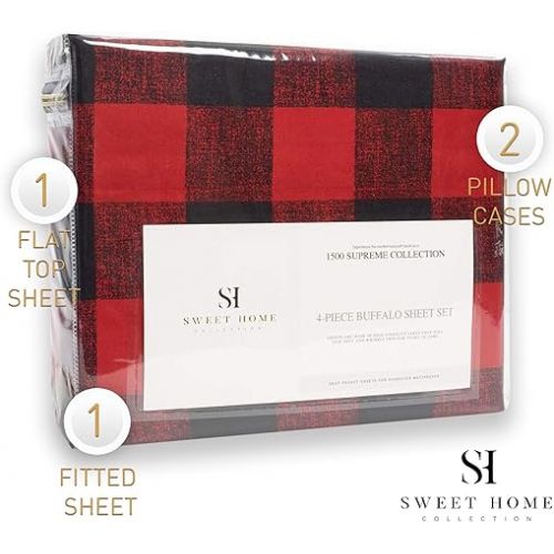  1500 Supreme Collection Buffalo Print Sheet Set, Queen Size - Luxury Bed Sheets Set with Deep Pocket Wrinkle Free Bedding, Queen, Burgundy/Black Buffalo Print