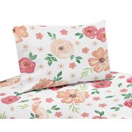 Sweet Jojo Designs Peach and Green Twin Sheet Set for Watercolor Floral Collection - 3 Piece Set - Pink Rose Flower