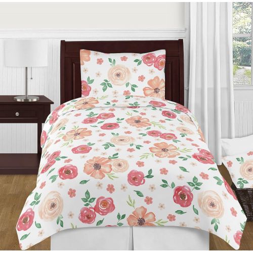  Sweet Jojo Designs Peach and Green Twin Sheet Set for Watercolor Floral Collection - 3 Piece Set - Pink Rose Flower