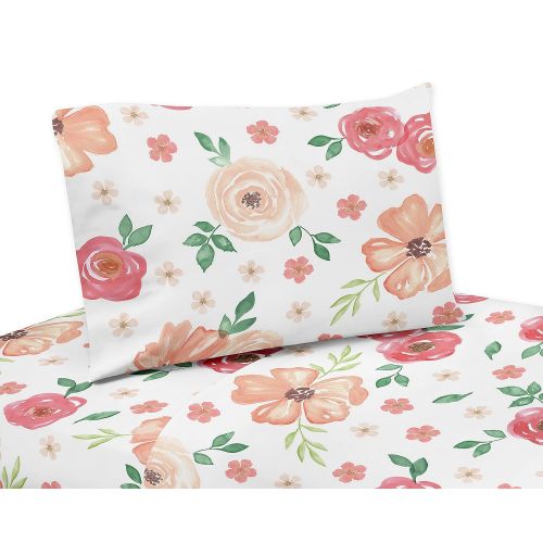  Sweet Jojo Designs Peach and Green Twin Sheet Set for Watercolor Floral Collection - 3 Piece Set - Pink Rose Flower