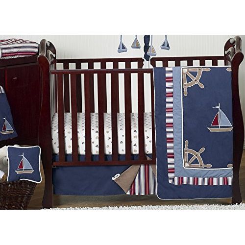  Sweet Jojo Designs Nautical Nights Blue and White Sailboat Baby Boy Bedding 11pc Crib Set
