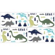 Sweet Jojo Designs Blue and Green Modern Dinosaur Girl or Boy Baby and Kids Wall Decal Stickers - Set of 4 Sheets