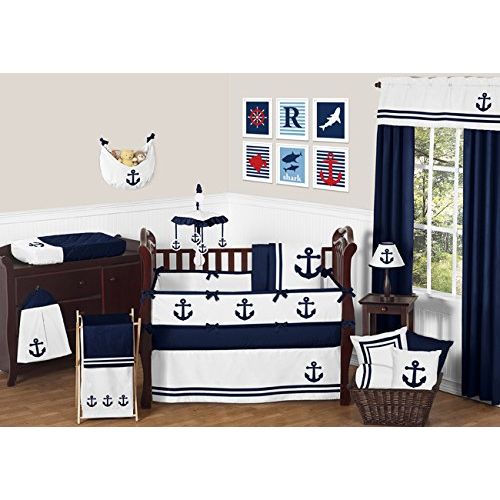  Sweet Jojo Designs Anchors Away Nautical Navy Blue and White Boys Collection 4 Piece Baby Crib Bumper