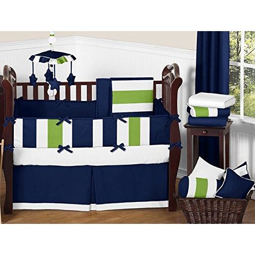  Sweet Jojo Designs Navy Blue and Lime Green Stripe Musical Baby Crib Mobile for Stripe Collection