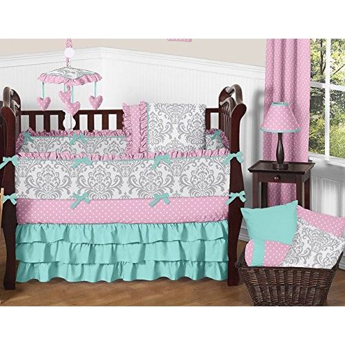  Sweet Jojo Designs Skylar Gray Damask and Pink Polka Dot Girls Musical Baby Crib Mobile