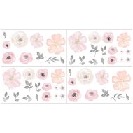 Blush Pink, Grey and White Wall Decal Stickers for Watercolor Floral Collection by Sweet Jojo Designs - Set of 4 Sheets