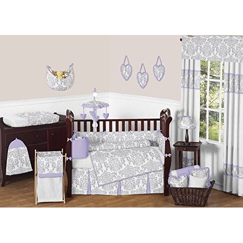  Sweet Jojo Designs Lavender, Gray and White Damask Print Elizabeth Musical Baby Crib Mobile for Girl Bedding Sets