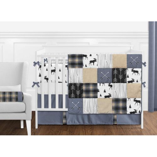  Sweet Jojo Designs Blue, Tan and Black Woodland Plaid and Moose Musical Baby Crib Mobile for Rustic Patch Collection