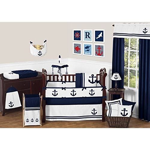  Sweet Jojo Designs Anchors Away Nautical Navy and White Musical Baby Crib Mobile