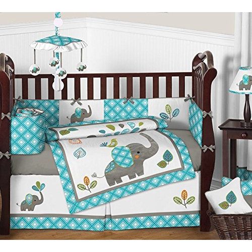  Sweet Jojo Designs Turquoise Blue Gray and White Mod Elephant Girl or Boy Musical Baby Crib Mobile
