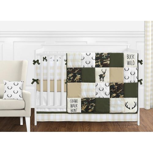  Sweet Jojo Designs Green and Beige Rustic Deer Buffalo Plaid Check Musical Baby Crib Mobile for Woodland Camo Collection