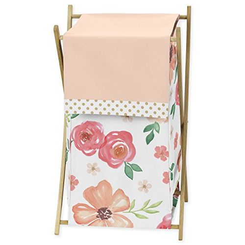  Sweet Jojo Designs Peach, Green and Gold Baby Kid Clothes Laundry Hamper for Watercolor Floral Collection - Pink Rose Flower