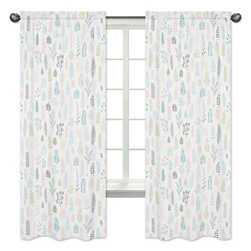  Sweet Jojo Designs Pink and Grey Tropical Leaf Window Treatment Panels Curtains - Set of 2 - Blush, Turquoise, Gray and Green Botanical Rainforest Jungle Sloth Collection