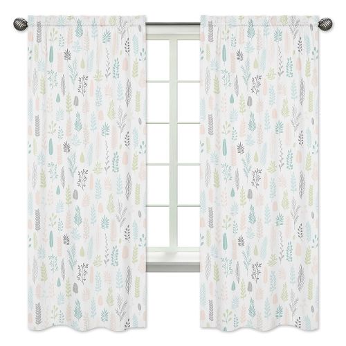  Sweet Jojo Designs Pink and Grey Tropical Leaf Window Treatment Panels Curtains - Set of 2 - Blush, Turquoise, Gray and Green Botanical Rainforest Jungle Sloth Collection