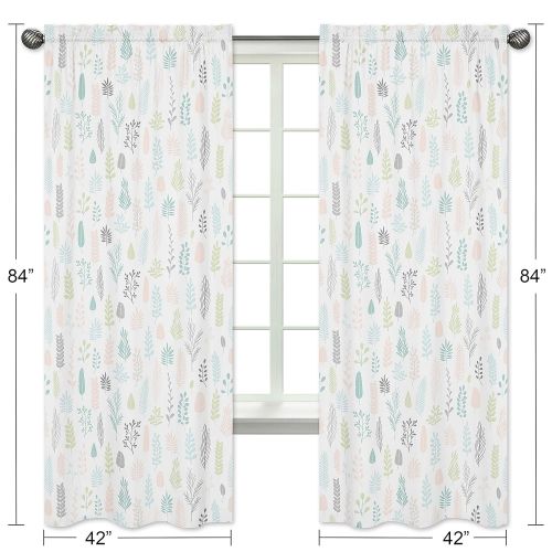  Sweet Jojo Designs Pink and Grey Tropical Leaf Window Treatment Panels Curtains - Set of 2 - Blush, Turquoise, Gray and Green Botanical Rainforest Jungle Sloth Collection