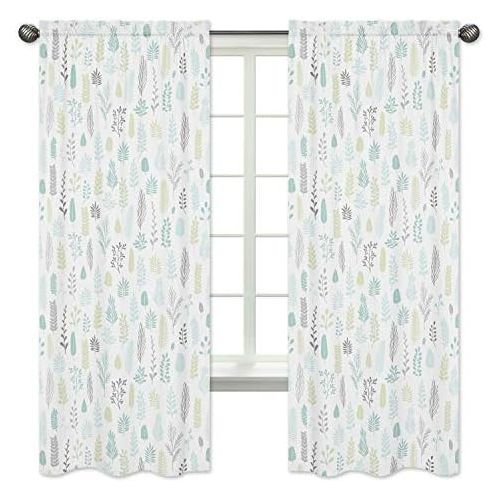  Sweet Jojo Designs Blue and Grey Tropical Leaf Window Treatment Panels Curtains - Set of 2 - Turquoise, Gray and Green Botanical Rainforest Jungle Sloth Collection