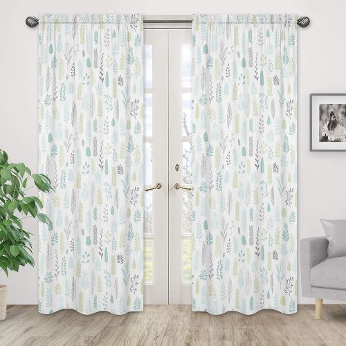  Sweet Jojo Designs Blue and Grey Tropical Leaf Window Treatment Panels Curtains - Set of 2 - Turquoise, Gray and Green Botanical Rainforest Jungle Sloth Collection