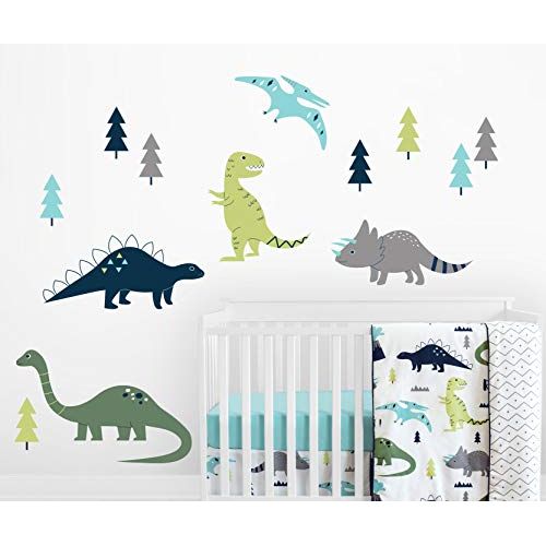  Sweet Jojo Designs Navy Blue, Green and Grey Dino Large Peel and Stick Wall Mural Decal Stickers Art Nursery Decor for Mod Dinosaur Collection - Set of 2 Sheets