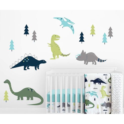  Sweet Jojo Designs Navy Blue, Green and Grey Dino Large Peel and Stick Wall Mural Decal Stickers Art Nursery Decor for Mod Dinosaur Collection - Set of 2 Sheets