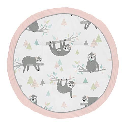  Sweet Jojo Designs Pink Sloth Girl Baby Playmat Tummy Time Infant Play Mat - Blush, Turquoise, Grey and Green Jungle Leaf Botanical Rainforest