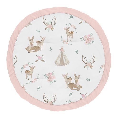  Sweet Jojo Designs Blush Pink, Mint Green and White Boho Watercolor Playmat Tummy Time Baby and Infant Play Mat for Woodland Deer Floral Collection