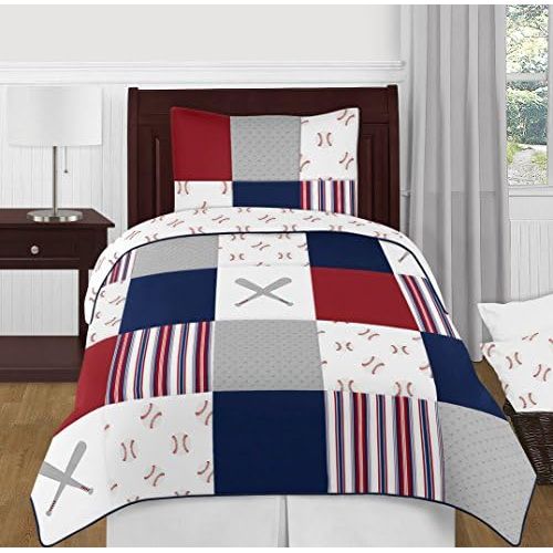  Sweet Jojo Designs Red, White and Blue Baseball Patch Sports Boy Twin Kid Childrens Bedding Comforter Set-4 Pieces-Grey Patchwork Stripe