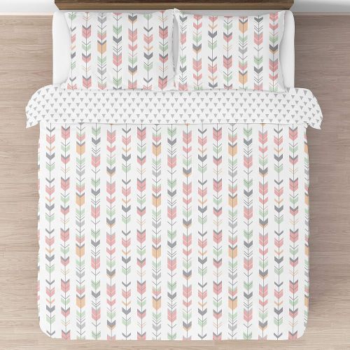 Sweet Jojo Designs 3-Piece Grey, Coral and Mint Woodland Arrow Print Girls Childrens Teen FullQueen Bedding Set