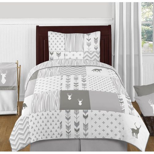  Sweet Jojo Designs Grey and White Woodsy Deer Boy or Girl Twin Kid Childrens Bedding Comforter Set 4 Pieces