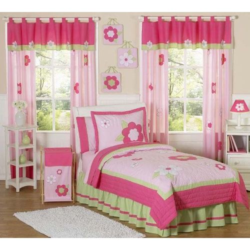  Sweet Jojo Designs Pink and Green Flower Collection Children and Kids 3 Piece Full/Queen Girls Bedding Set