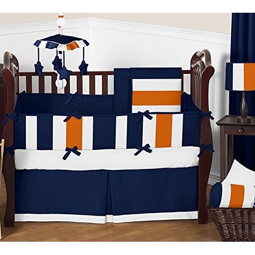  Sweet Jojo Designs Navy Blue, Orange and White Decorative Accent Throw Pillows for Stripe Collection - Set of 2