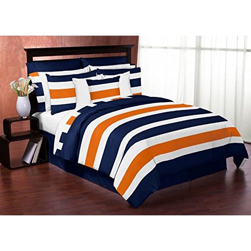  Sweet Jojo Designs Navy Blue, Orange and White Decorative Accent Throw Pillows for Stripe Collection - Set of 2