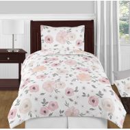 Sweet Jojo Designs Blush Pink, Grey and White Shabby Chic Watercolor Floral Girl Twin Kid Childrens Bedding Comforter Set 4 Pieces - Rose Flower