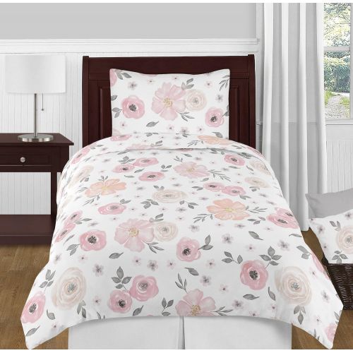  Sweet Jojo Designs Blush Pink, Grey and White Shabby Chic Watercolor Floral Girl Twin Kid Childrens Bedding Comforter Set 4 Pieces - Rose Flower