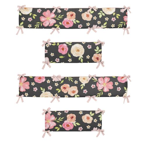  Sweet Jojo Designs Black and Blush Pink Shabby Chic Baby Crib Bumper Pad for Watercolor Floral...