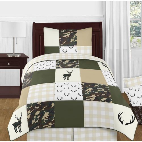  Sweet Jojo Designs Beige and White Buffalo Plaid Check Pleated Twin Bed Skirt Dust Ruffle for Woodland Camo Collection