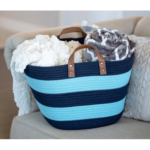  Sweetzer & Orange Large Woven Cotton Rope Storage Basket (Vegan Handles) - Blanket Storage Baskets, Laundry Basket, Toy Storage, Nursery Hamper - Decorative Blue Stripe Basket for