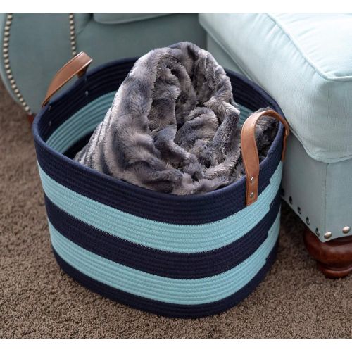  Sweetzer & Orange Large Woven Cotton Rope Storage Basket (Vegan Handles) - Blanket Storage Baskets, Laundry Basket, Toy Storage, Nursery Hamper - Decorative Blue Stripe Basket for