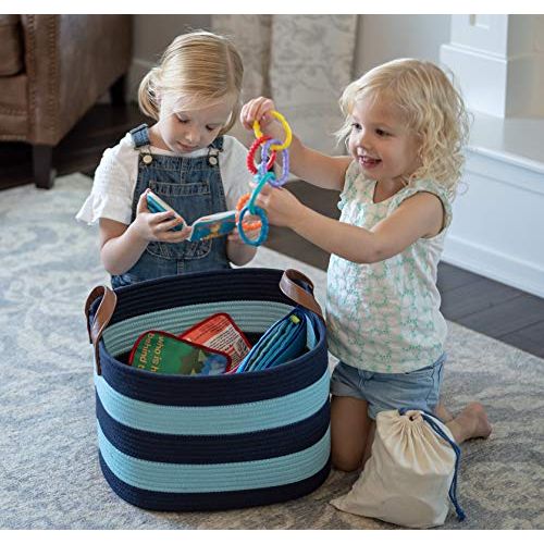  Sweetzer & Orange Large Woven Cotton Rope Storage Basket (Vegan Handles) - Blanket Storage Baskets, Laundry Basket, Toy Storage, Nursery Hamper - Decorative Blue Stripe Basket for