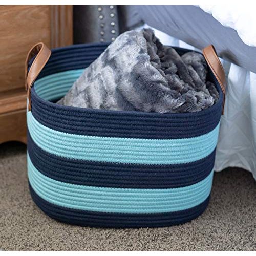  Sweetzer & Orange Large Woven Cotton Rope Storage Basket (Vegan Handles) - Blanket Storage Baskets, Laundry Basket, Toy Storage, Nursery Hamper - Decorative Blue Stripe Basket for