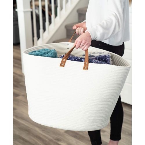  Sweetzer & Orange Extra Large Woven Cotton Rope Storage Basket  23”x20.5”x15.5” w/Vegan Leather - Blanket Storage Baskets, Laundry and Toy Storage, Nursery Hamper - Off White XXL