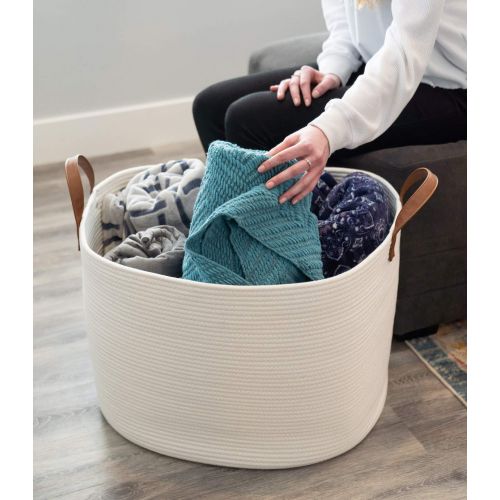  Sweetzer & Orange Extra Large Woven Cotton Rope Storage Basket  23”x20.5”x15.5” w/Vegan Leather - Blanket Storage Baskets, Laundry and Toy Storage, Nursery Hamper - Off White XXL