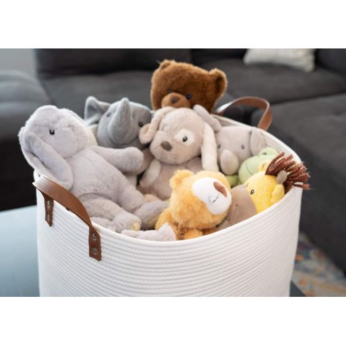  Sweetzer & Orange Extra Large Woven Cotton Rope Storage Basket  23”x20.5”x15.5” w/Vegan Leather - Blanket Storage Baskets, Laundry and Toy Storage, Nursery Hamper - Off White XXL