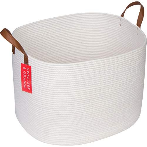  Sweetzer & Orange Extra Large Woven Cotton Rope Storage Basket  23”x20.5”x15.5” w/Vegan Leather - Blanket Storage Baskets, Laundry and Toy Storage, Nursery Hamper - Off White XXL