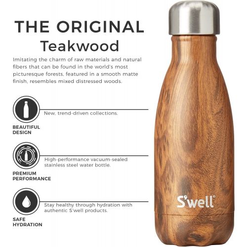  Swell Stainless Steel 9 Fl Oz-Teakwood-Triple-Layered Vacuum-Insulated Containers Keeps Drinks Cold for 27 Hours and Hot for 12-with No Condensation-BPA Free Water Bottle, 9oz