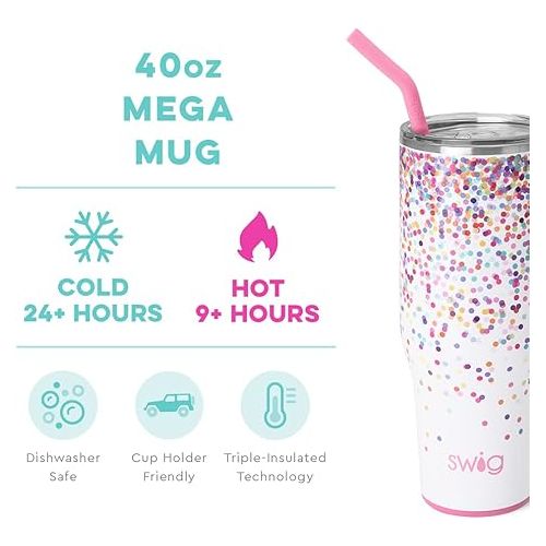  Swig Life 40oz Mega Mug, 40oz Tumbler with Handle and Straw, Extra Large Insulated Tumblers, Cup Holder Friendly Travel Mug, Stainless Steel 40 oz Tumbler, Reusable Insulated Water Bottle (Confetti)